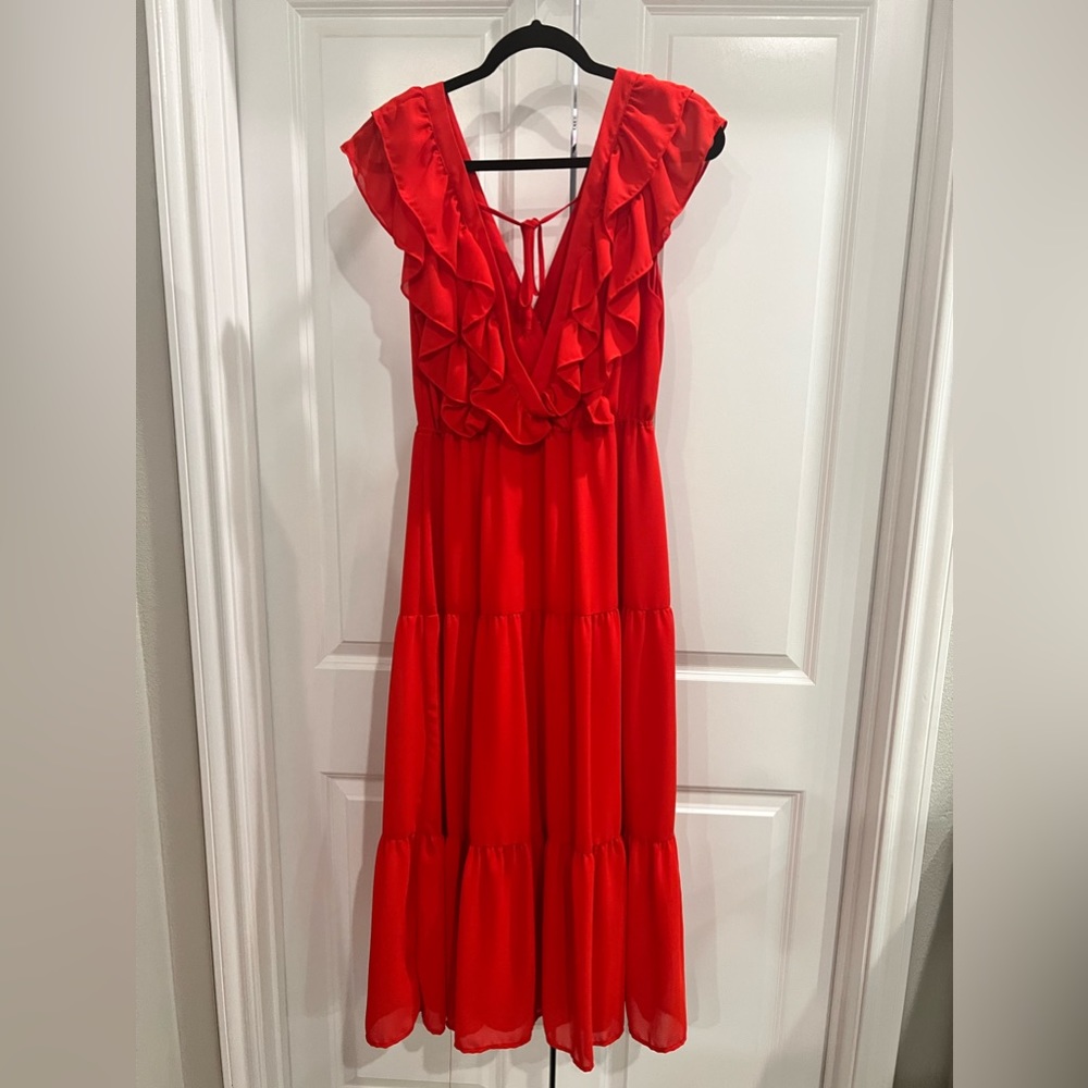 WAYF Red Ruffle Maxi Dress
